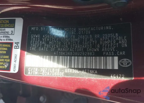 2008 Toyota Avalon Touring z USA, uszkodzony, nr VIN 4T1BK36B38U292983